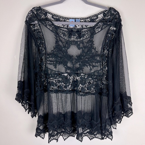 Pink Melo | Fairy Witchy Goth Dark Cottagecore Black Mesh Crochet Sheer Top | S - Picture 1 of 8